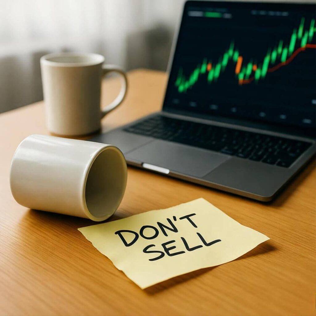 Blurry desk with laptop chart, spilled coffee, "DON'T SELL" note.