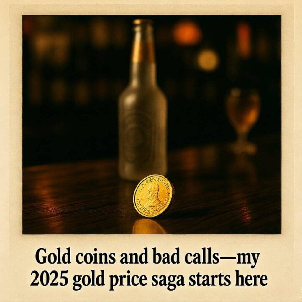 Gold coin wobbles on dim bar counter.