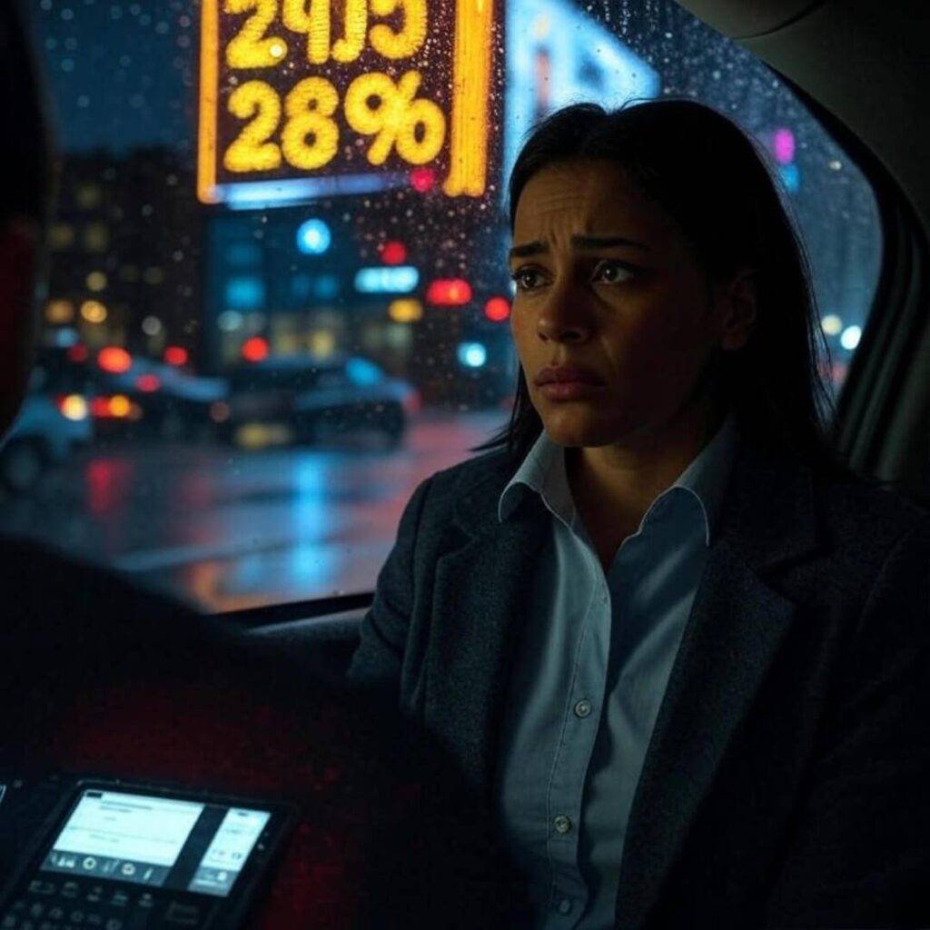 Rainy Boston night, Uber view, neon gold prices.