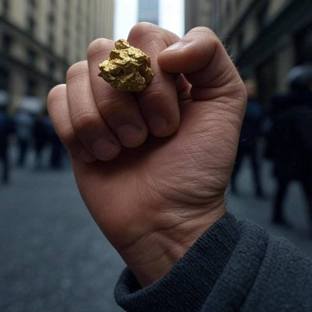 Shaky hand clutching gold, blurry Wall Street.