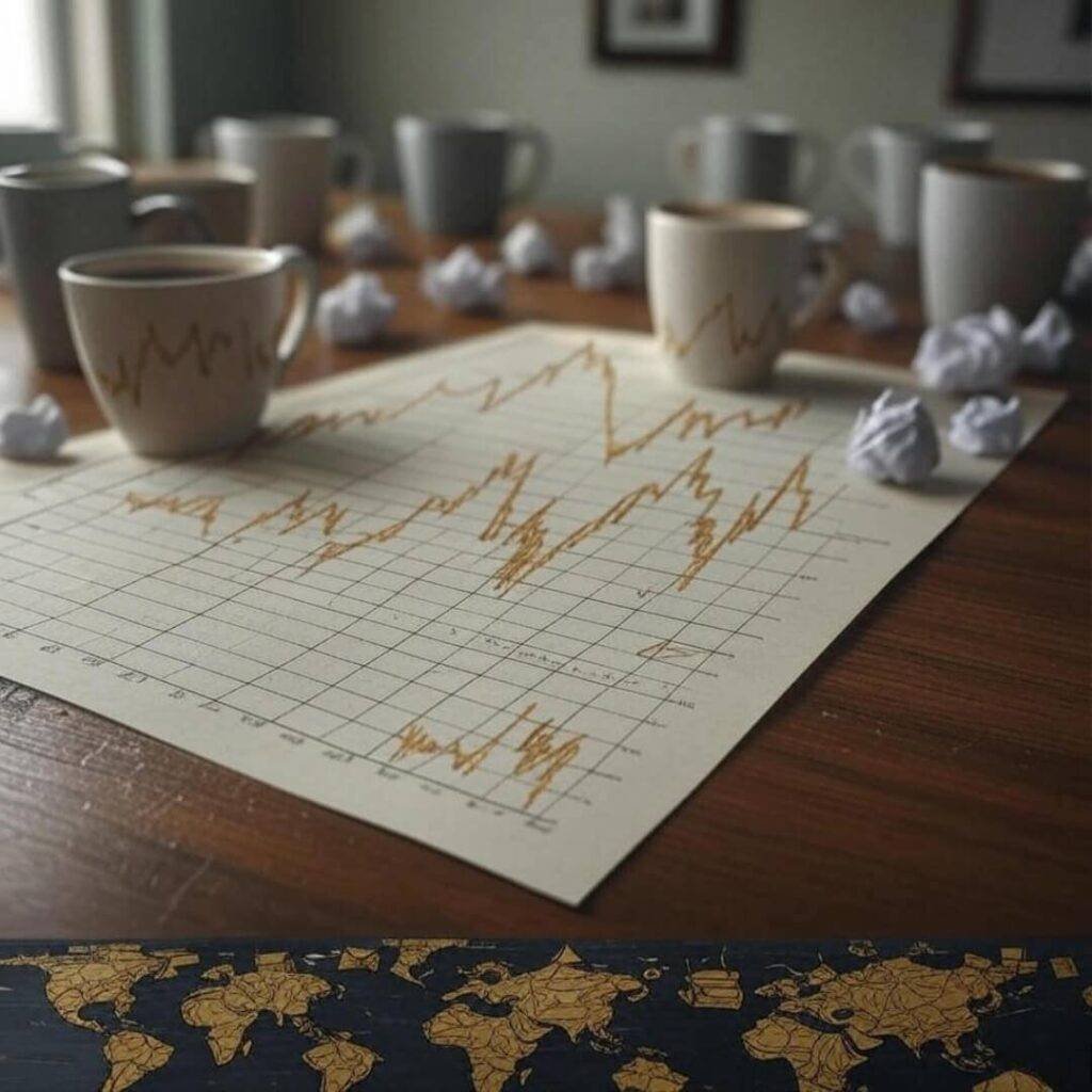 Retro chart with messy gold trends, mugs, and Post-its.