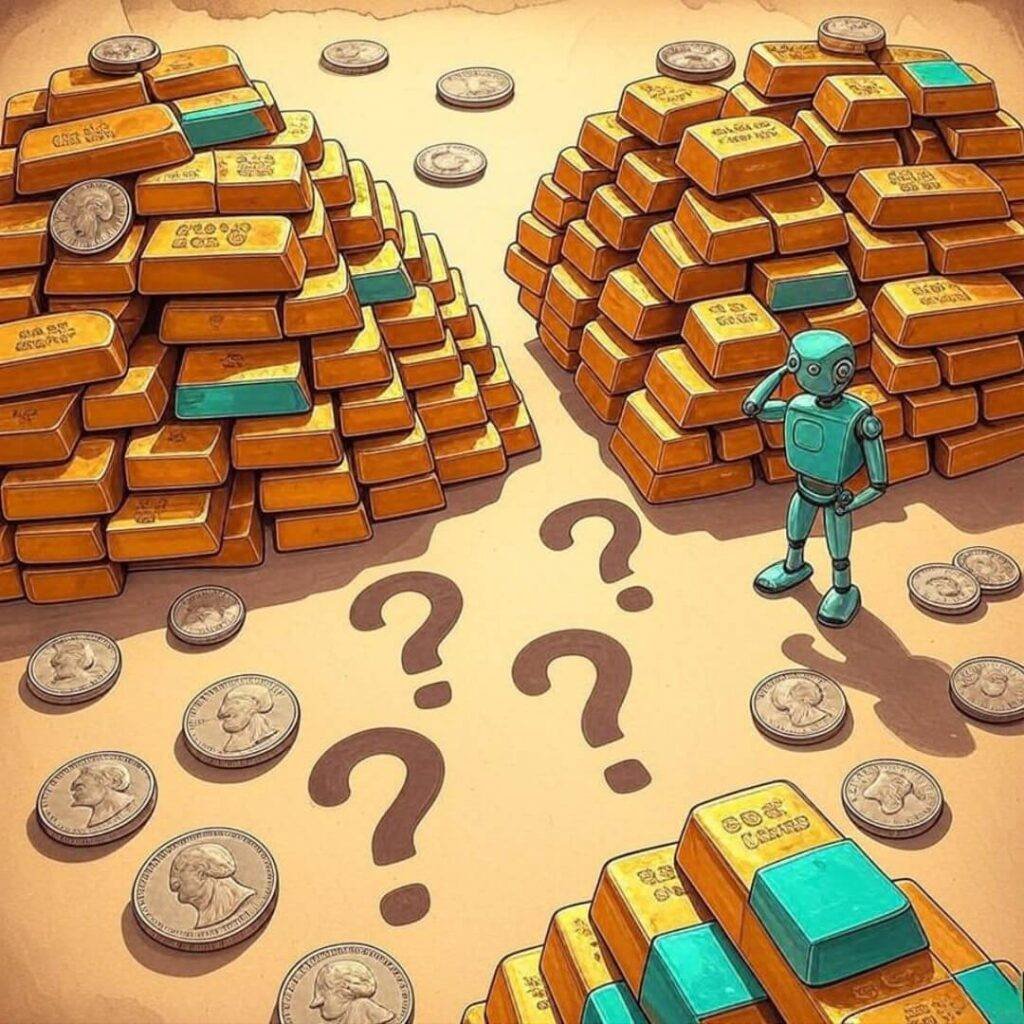 Towering gold bars, robot, quarters, question marks.