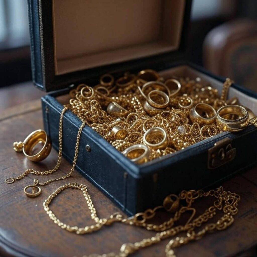 Vintage jewelry box mess, rogue earring taunts.