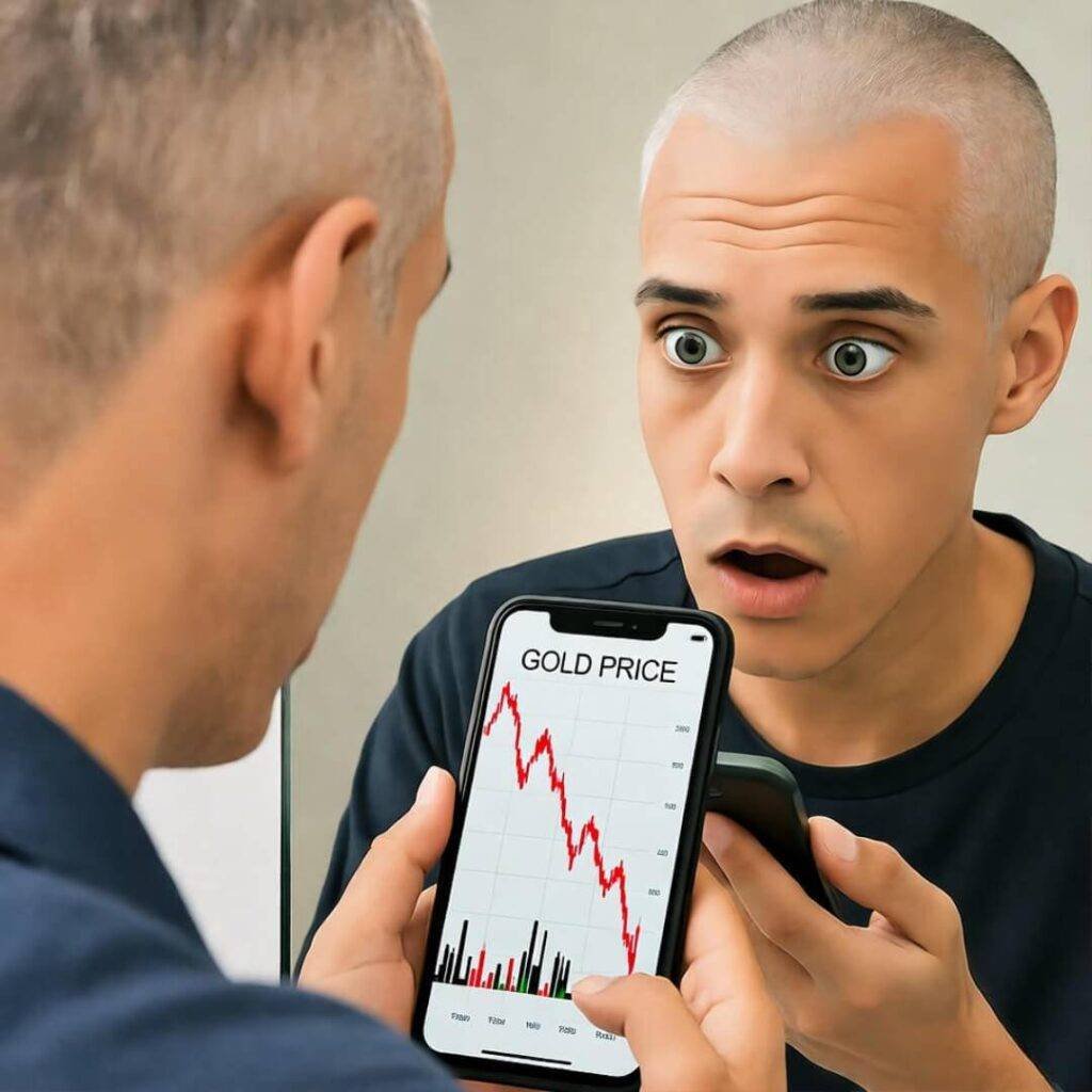 Confused newbie with phone showing gold price drop.