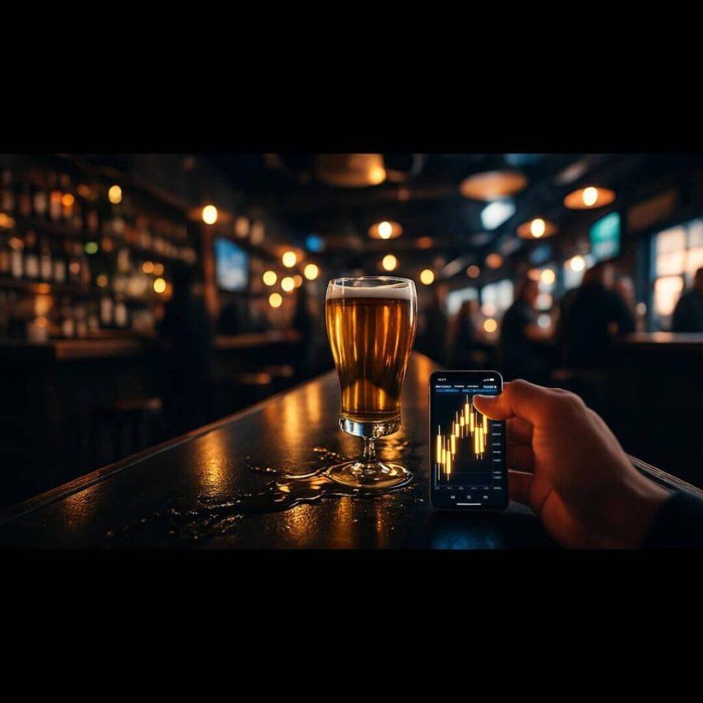 Dim bar, spilled beer, phone showing gold chart.