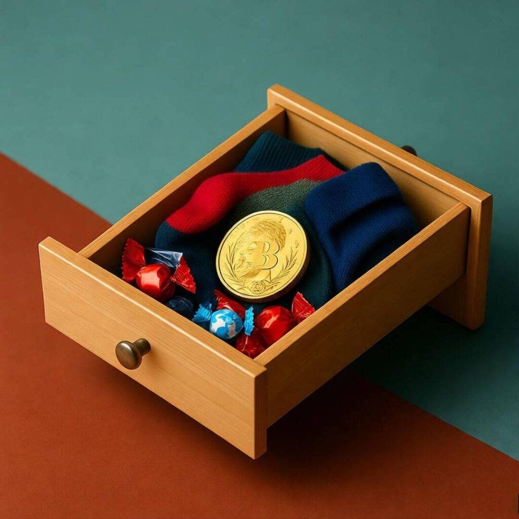 Gold coin in cluttered sock drawer, candy wrappers visible.