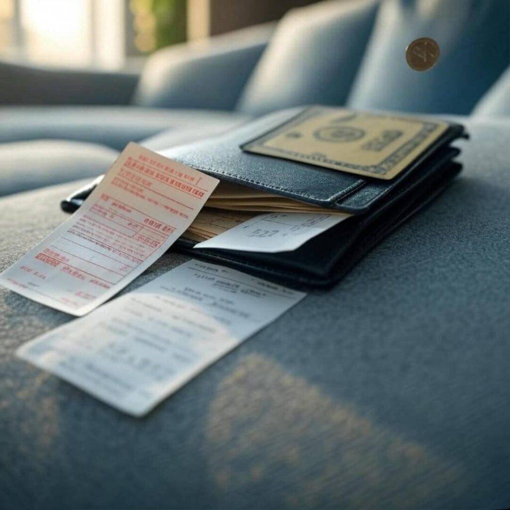 Spilled wallet on couch, gold bond, hovering coin.