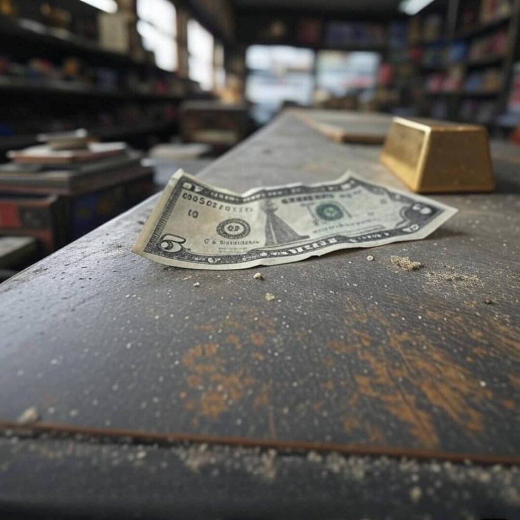 Retro gold bar and crumpled bill on dusty counter.