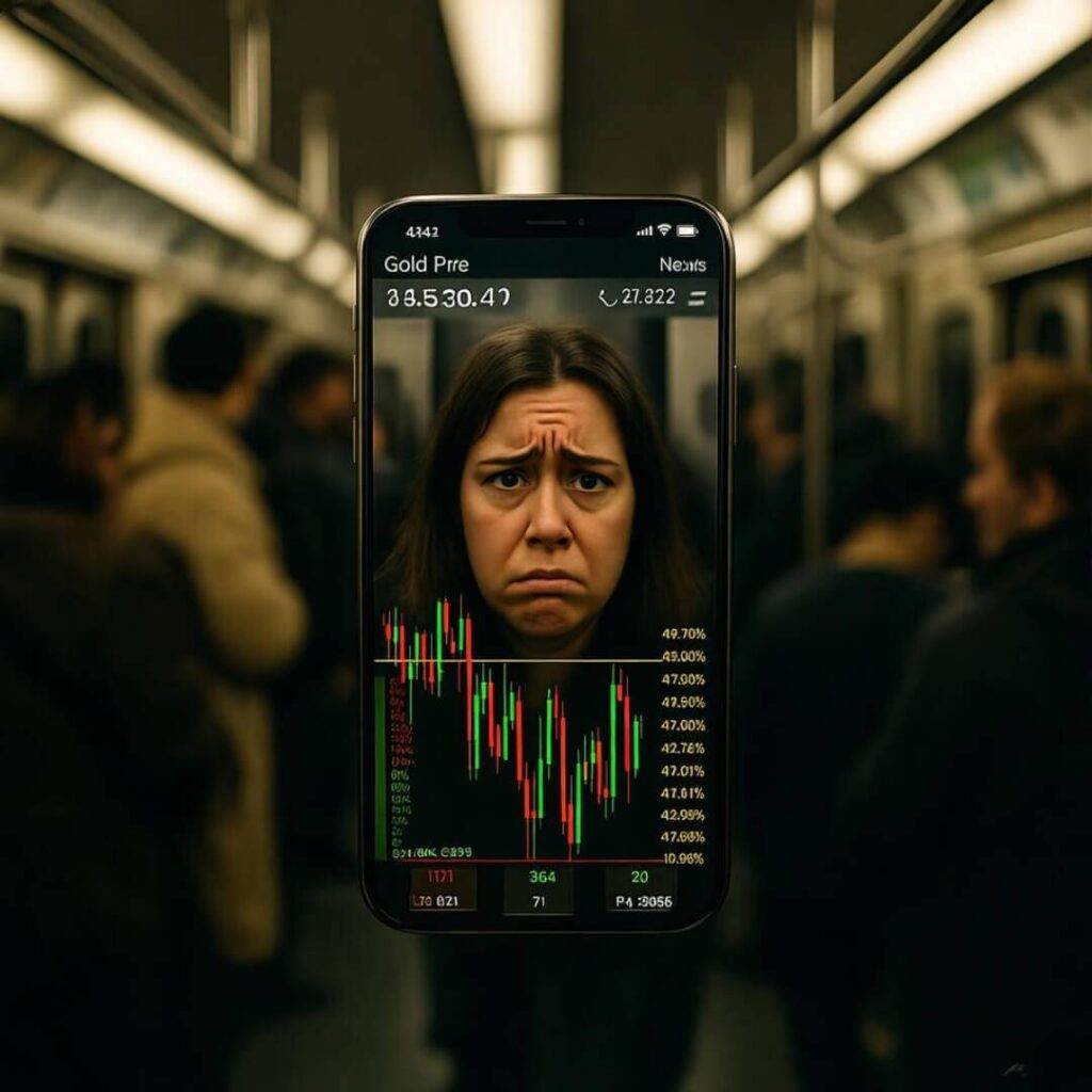 Phone showing gold prices, stressed face in subway.