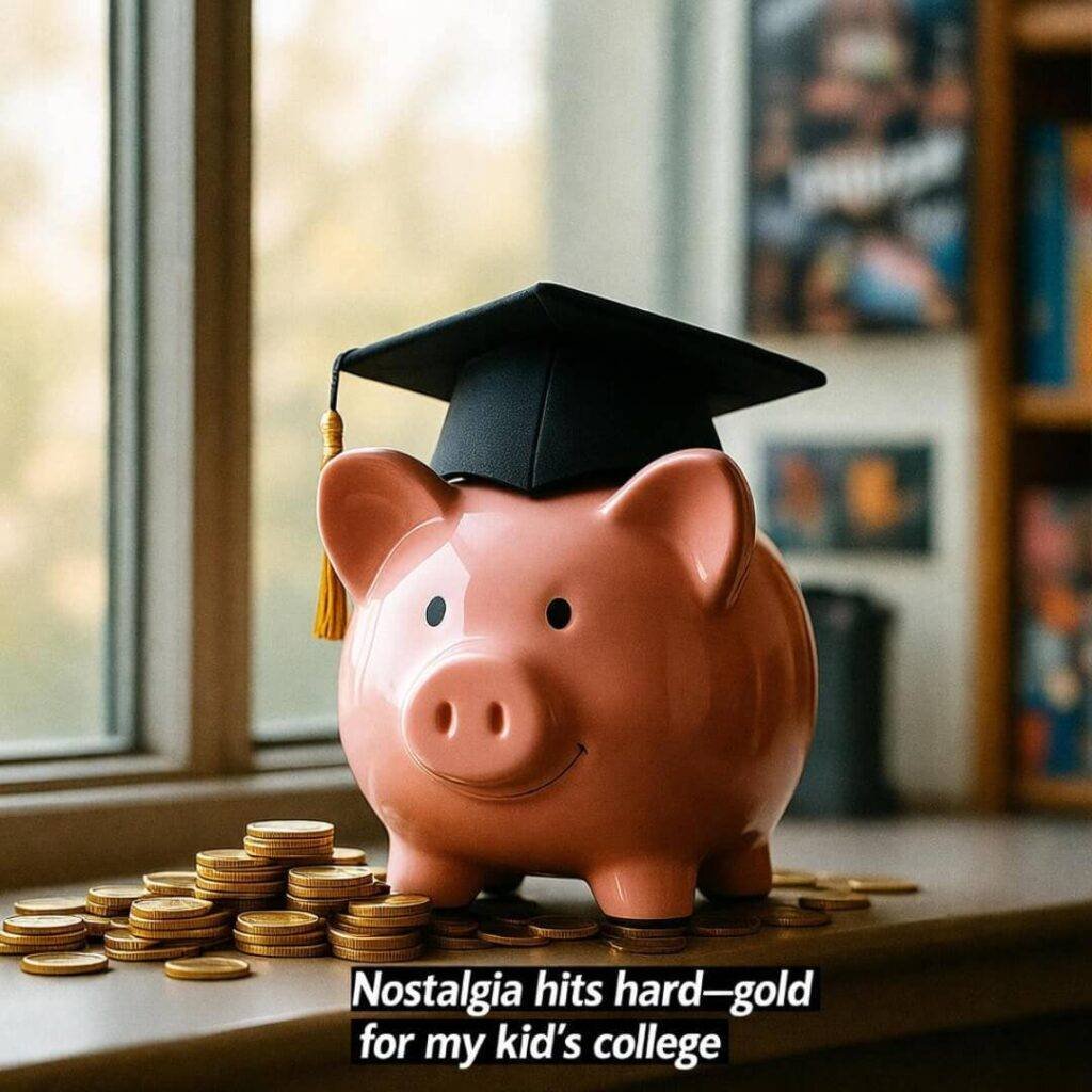 Grainy grad-cap piggy bank with coins on sill.