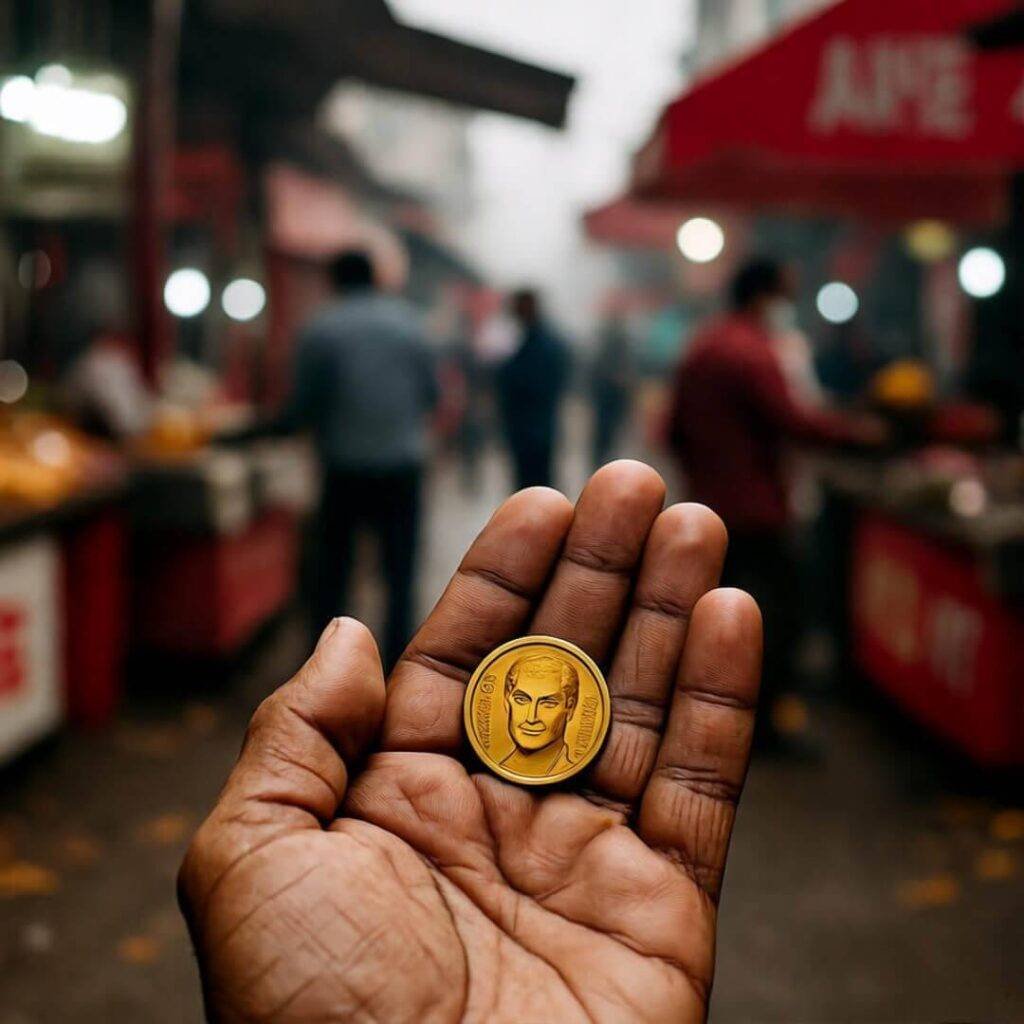 Shaky selfie with gold coin in Delhi market.