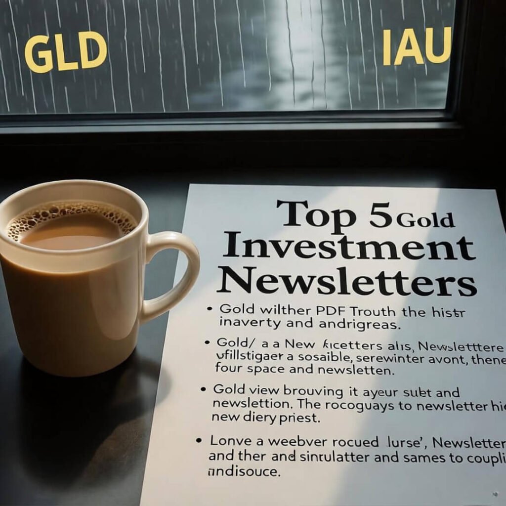 Chai cup beside newsletter, rain-streaked gold tickers.