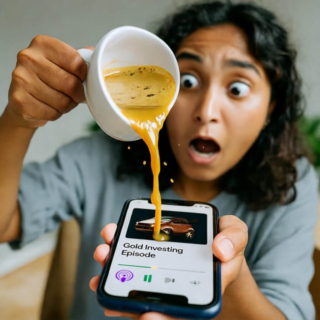 Chai spill ruins gold podcast in Mumbai heat.