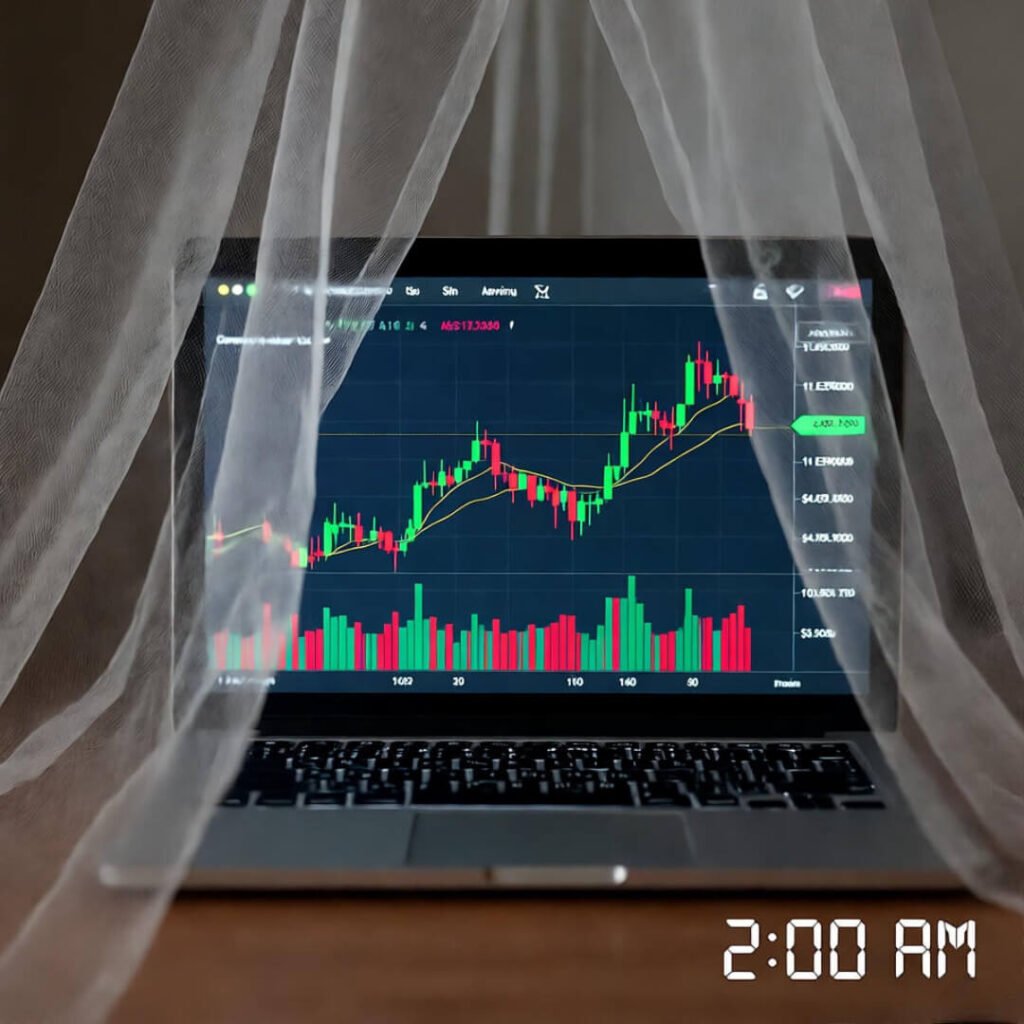 "Laptop glows with gold charts under mosquito net."