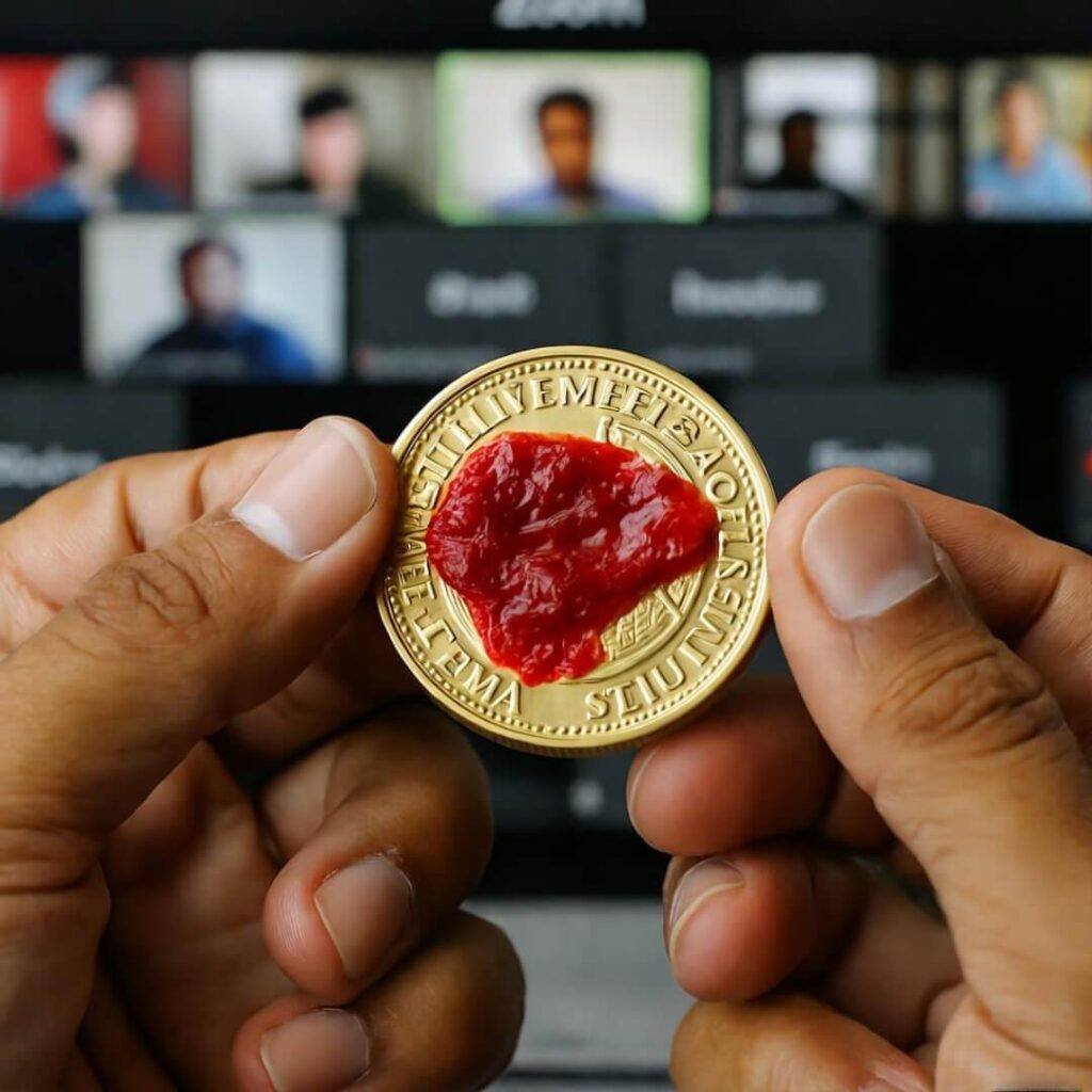 Hands holding masala-smeared gold coin, blurred webinar.