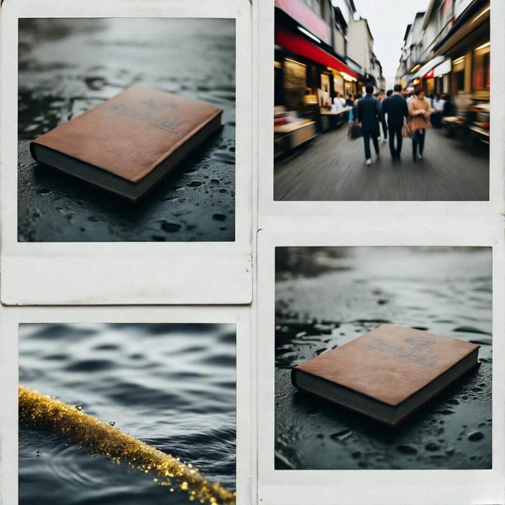 Blurry eBook cover in puddle, gold glitter, market chaos.
