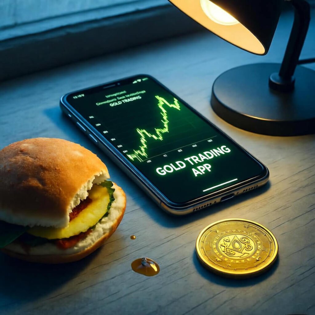 Cluttered Mumbai desk, gold app, greasy vada pav.