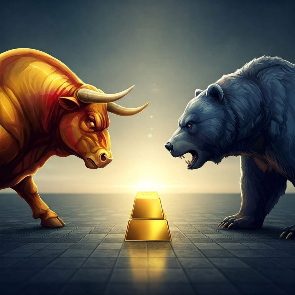 Stylized bull and bear facing off with a gold bar