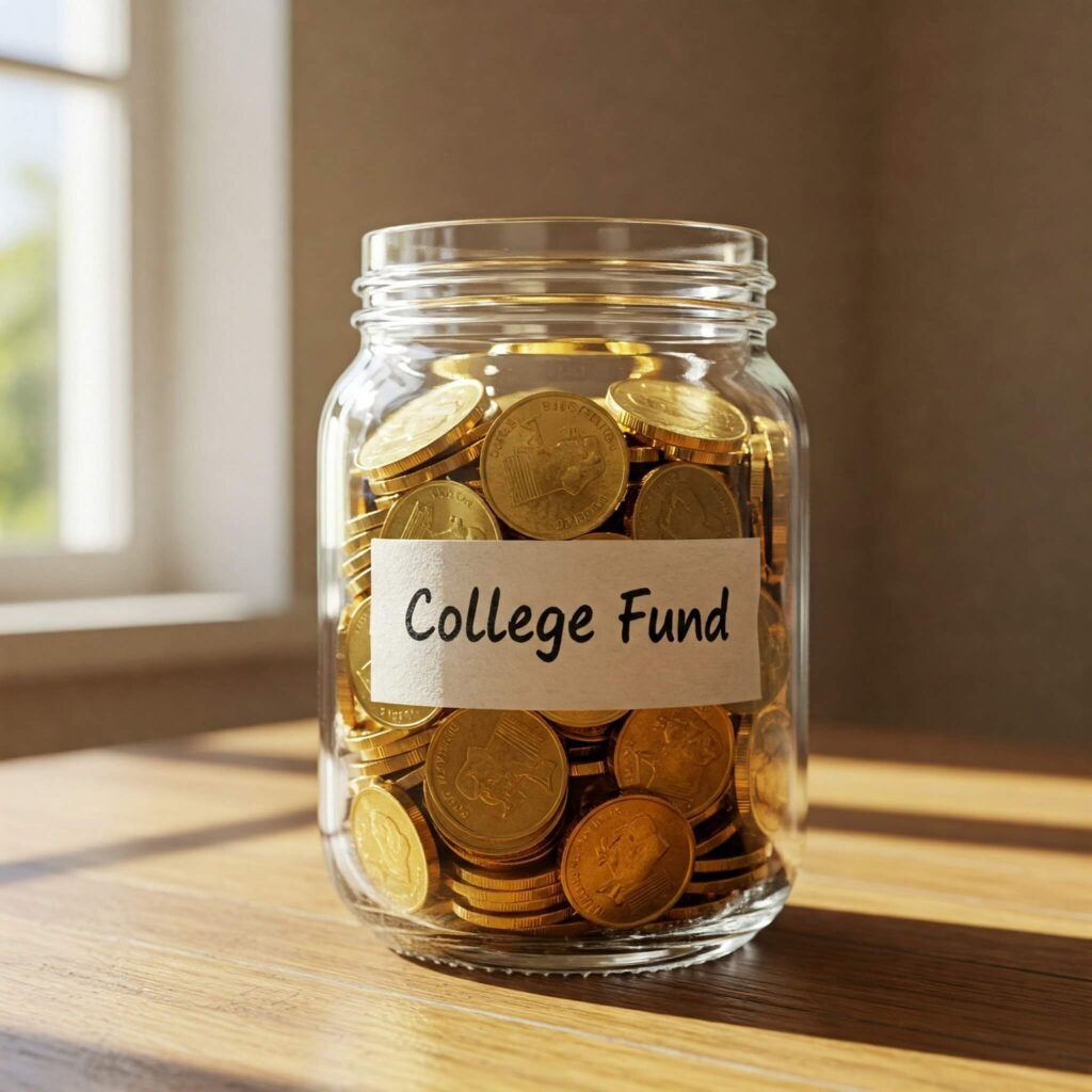 Gold coins in a jar for college savings