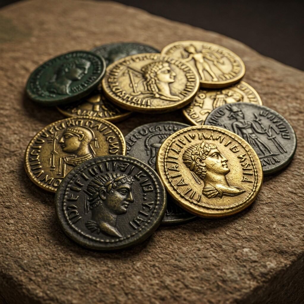Ancient Coins on Stone - Historical Artifacts