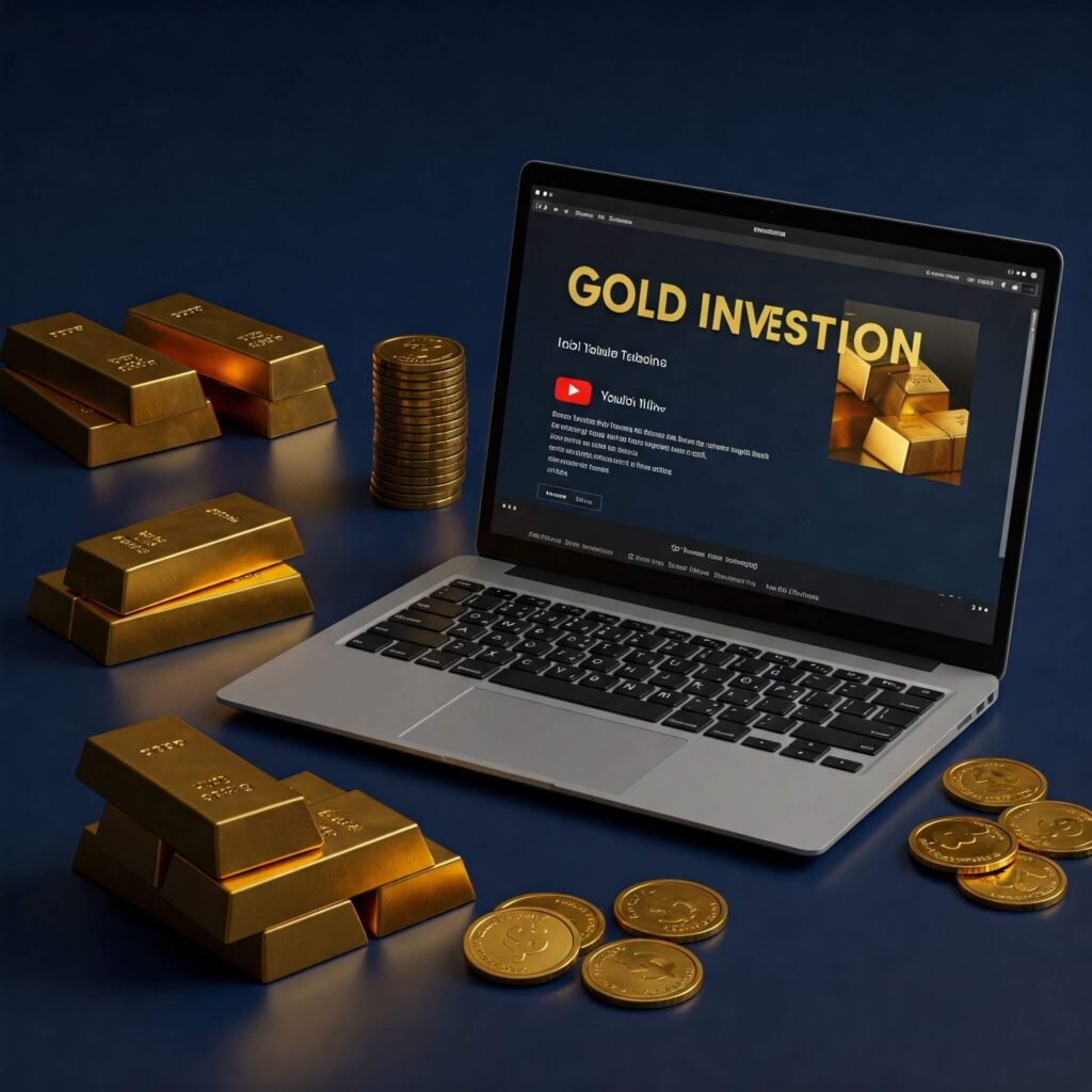 Gold Investing Education, YouTube Video, Laptop, Coins