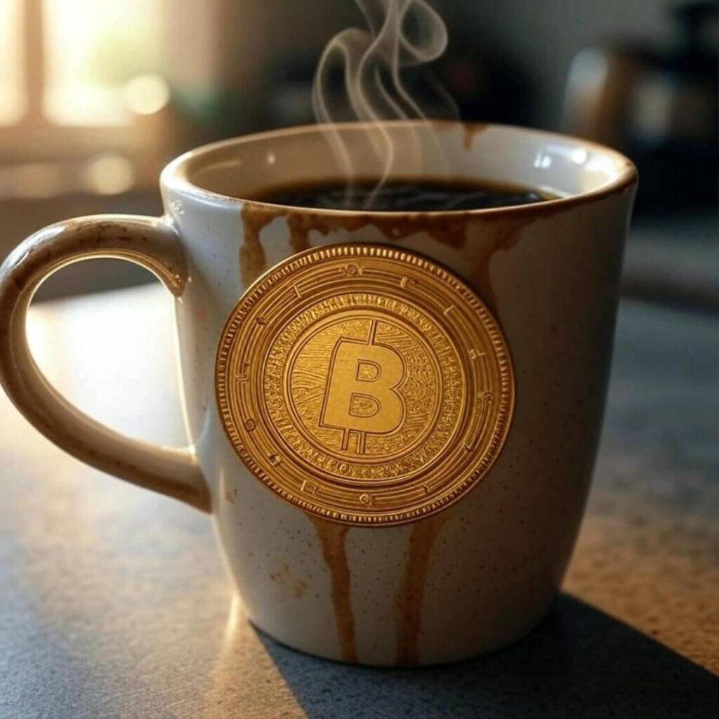 Gold app in coffee mug, messy buy vibe.