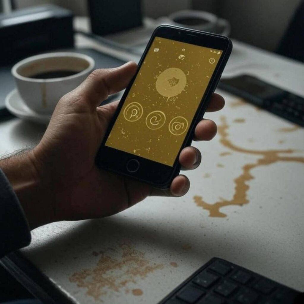 Shaky hand holding phone, coffee stains on desk.