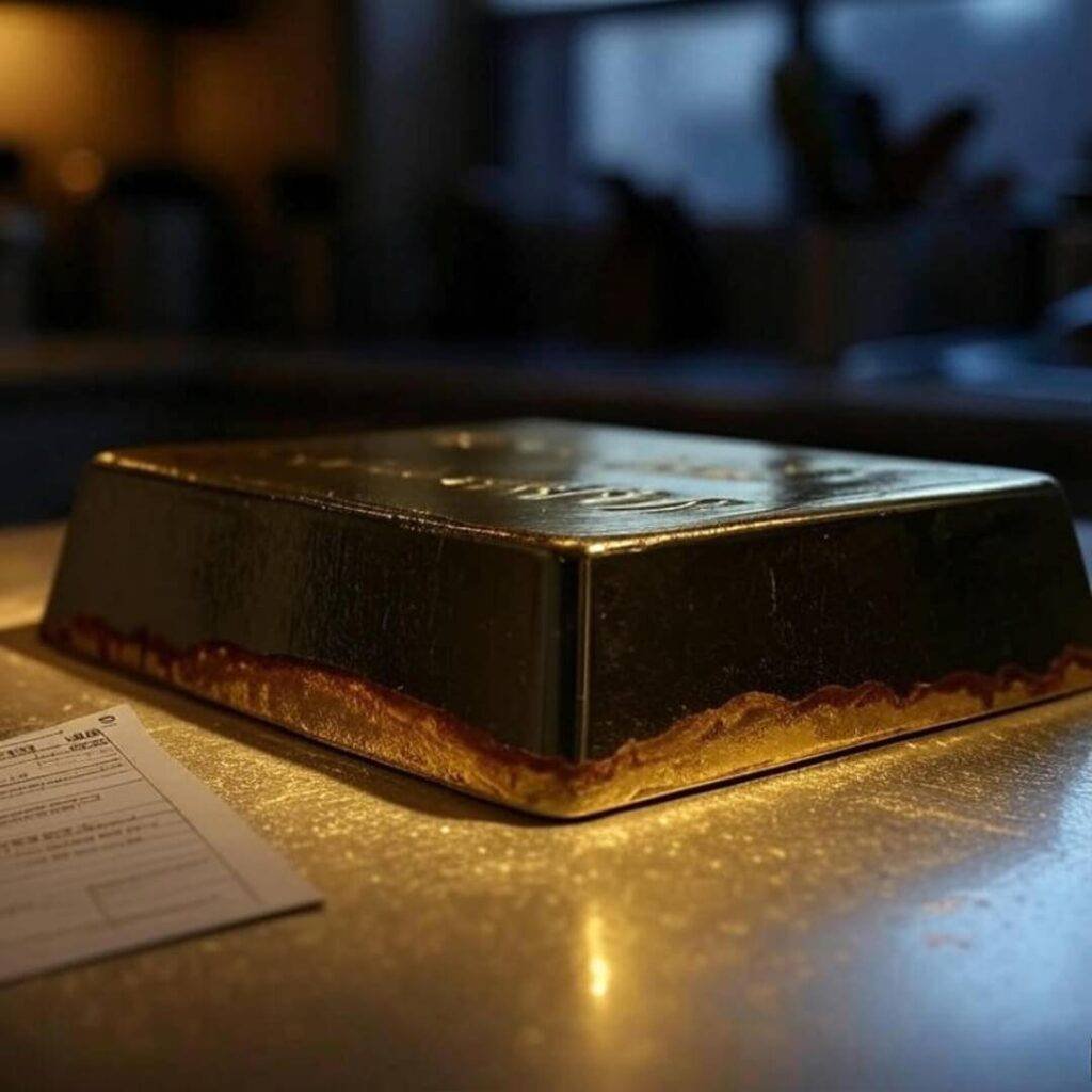 Gold bar on sticky counter with coffee ring.