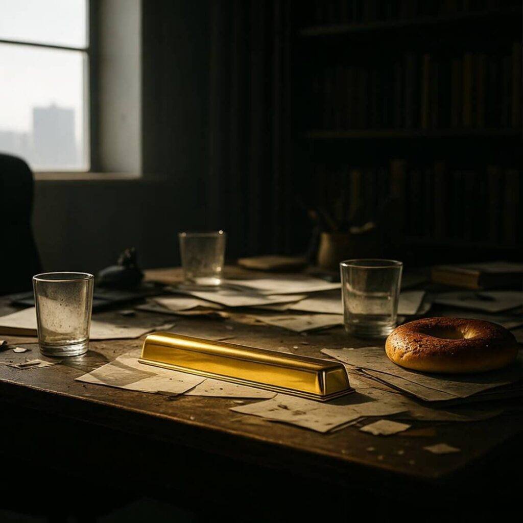 Cluttered desk with gold bar, glasses, stale bagel.
