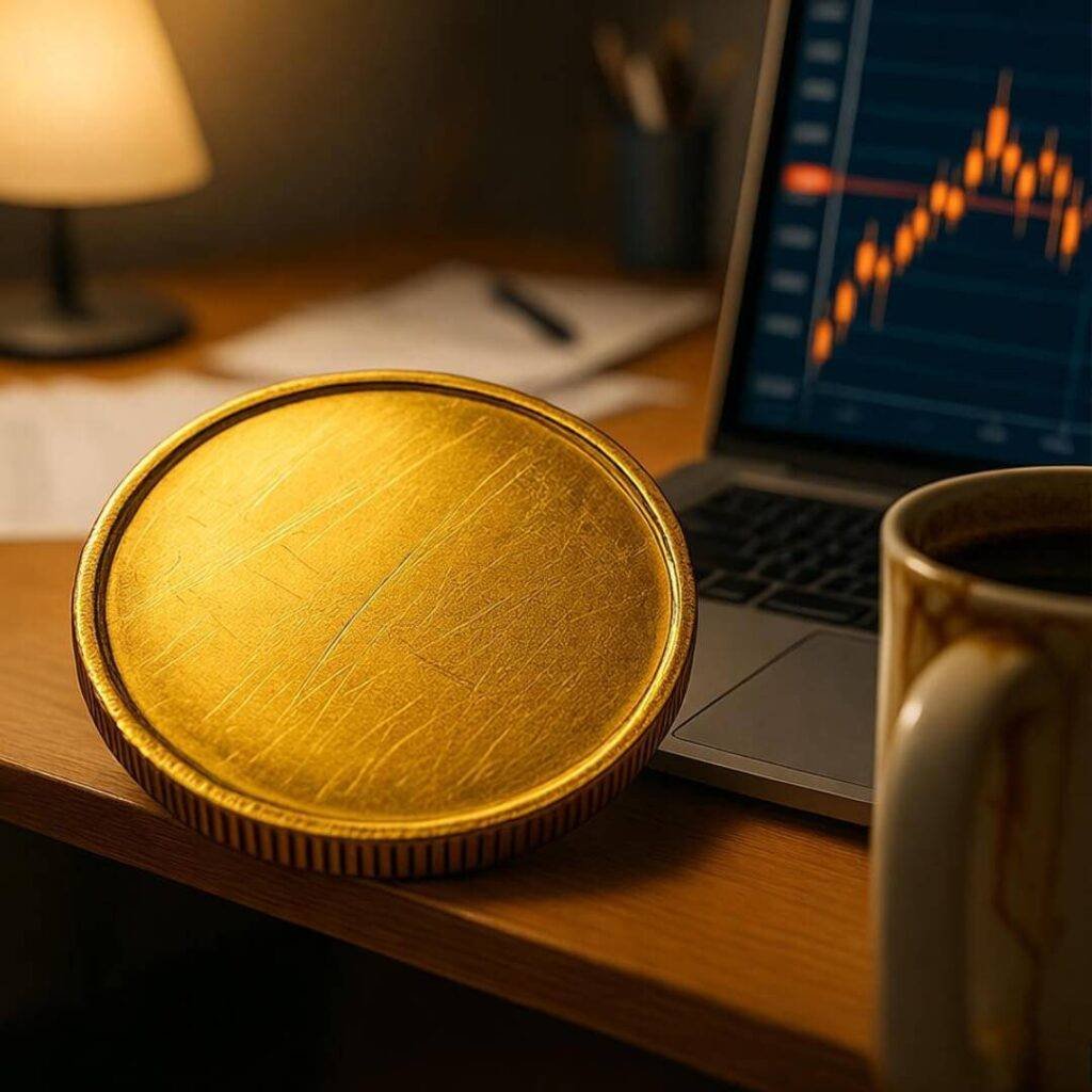 Scratched gold coin, coffee-stained mug, laptop chart.