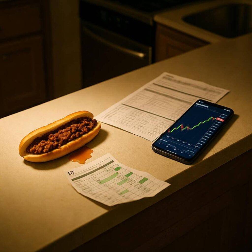 Messy kitchen counter, ETF statement, cheesesteak, phone chart.