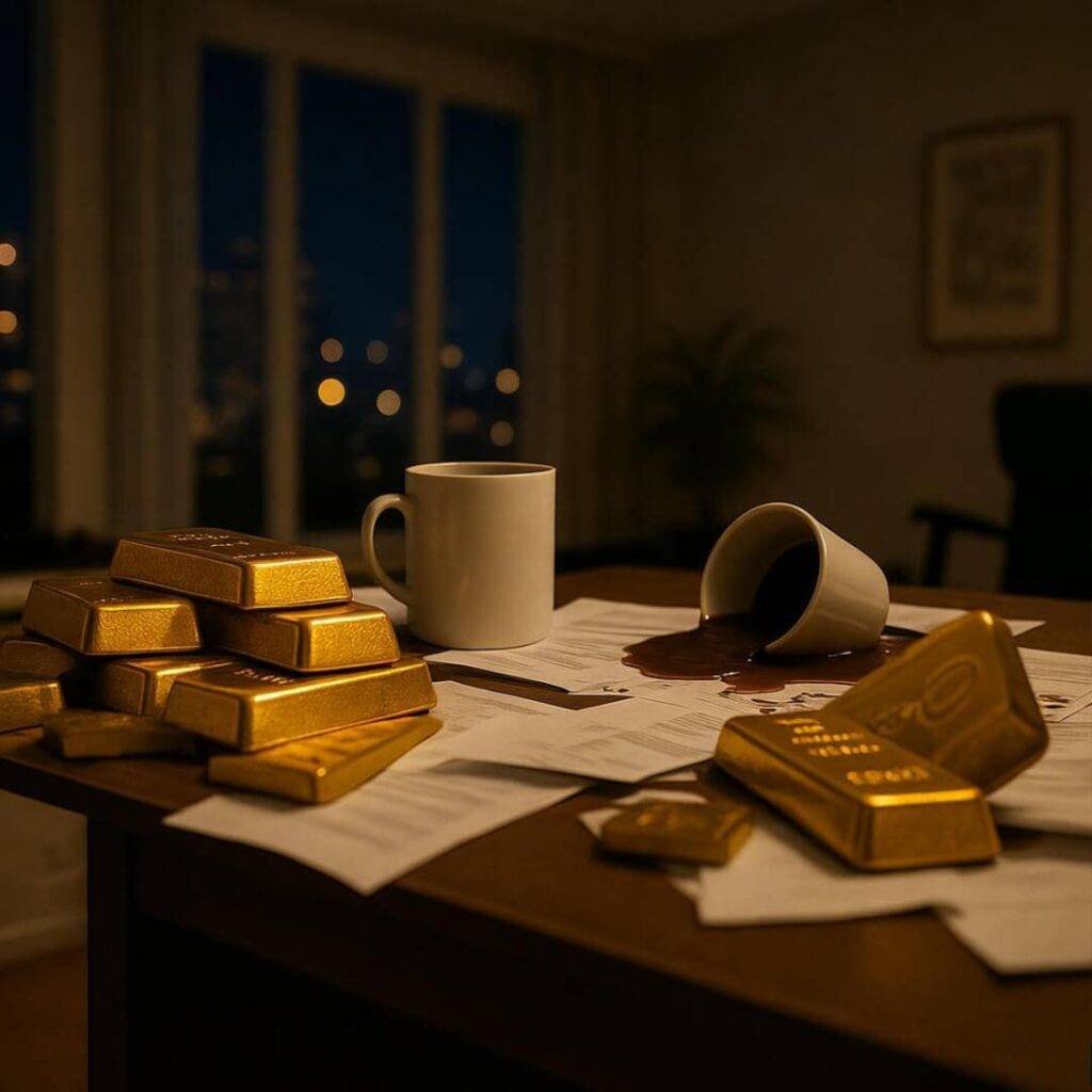 Messy desk with spilled coffee and gold bars.