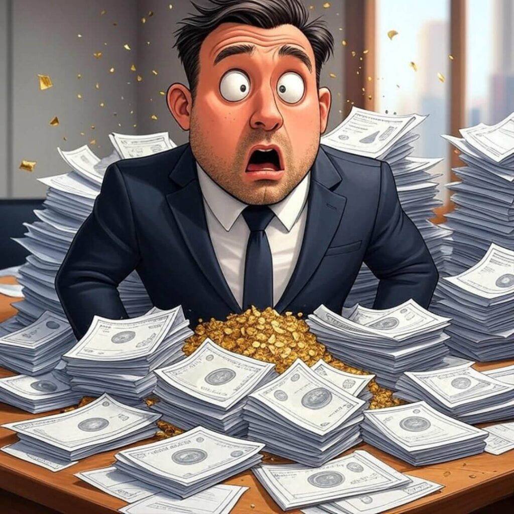 Cartoon investor face-planting in papers, gold specks.