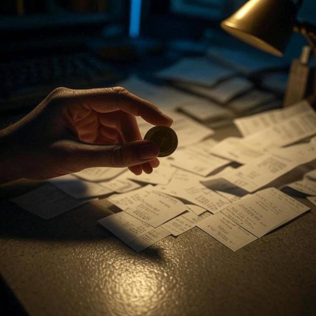 Shaky hands hold gold coin, cluttered desk glows.