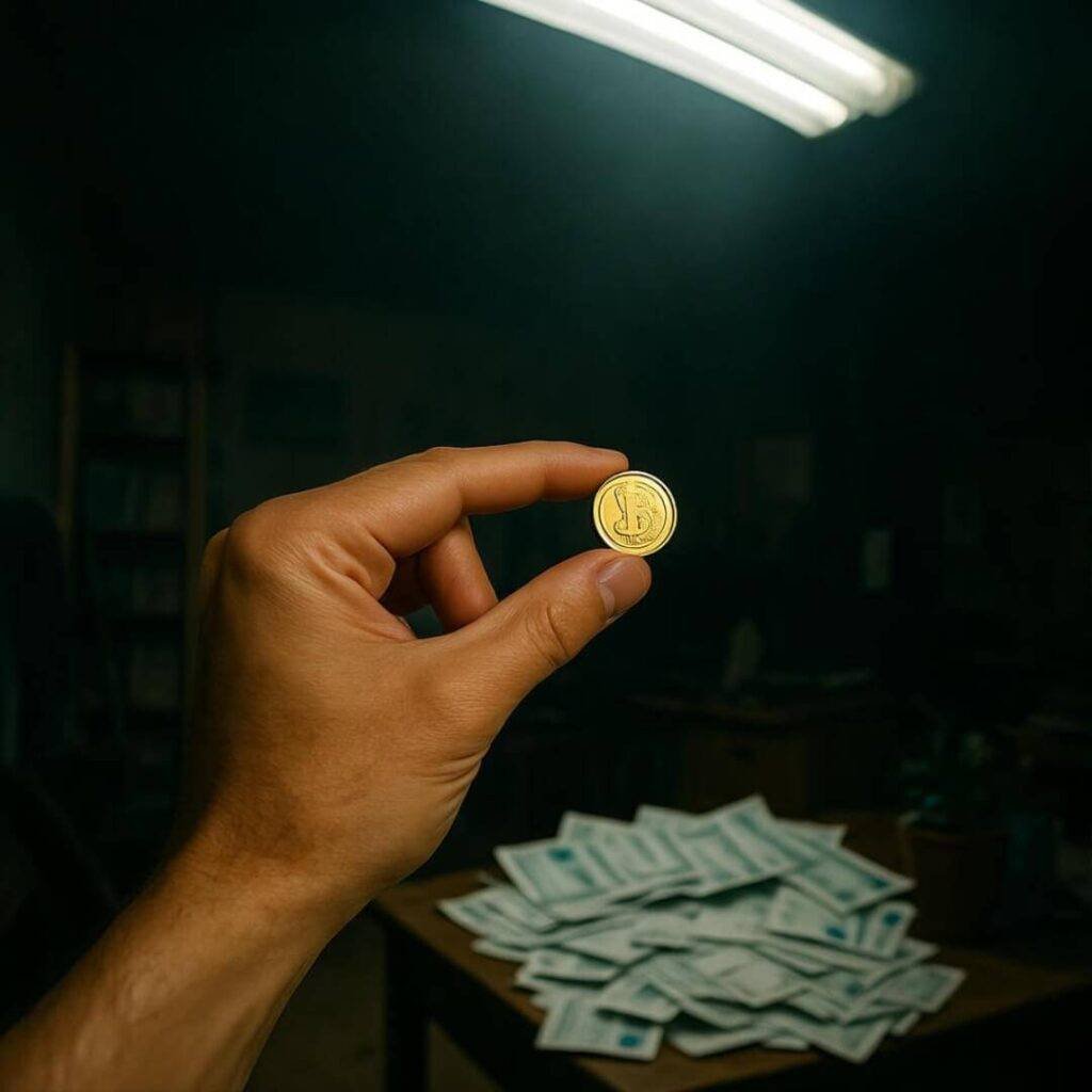 Shaky hand holds gold coin, bills under fluorescent light.