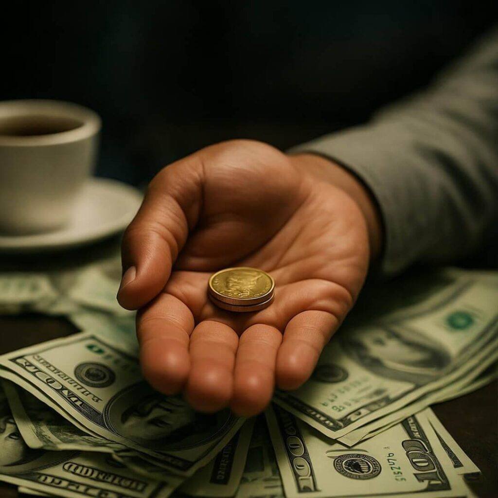 Shaky hand holds gold coin, messy bills, coffee.