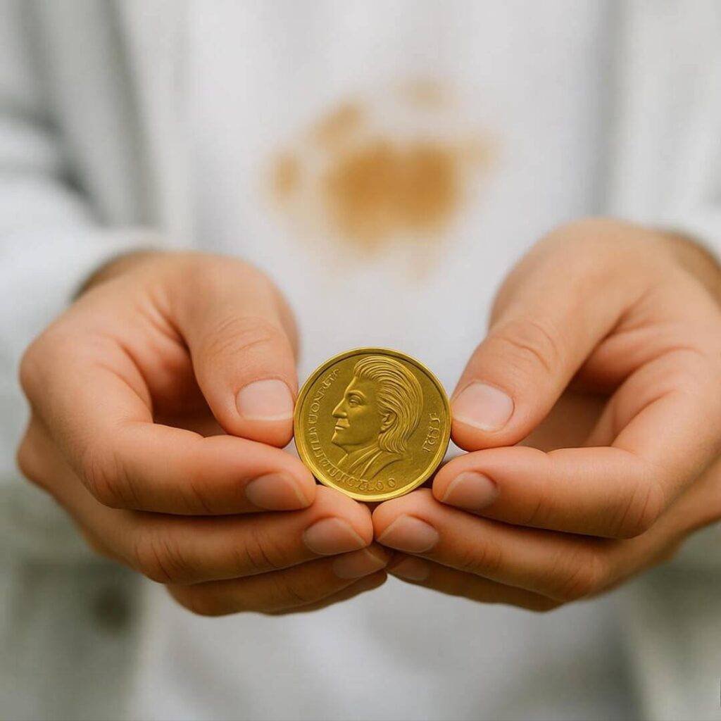 Clumsy hands hold gold coin, stained sleeve visible.
