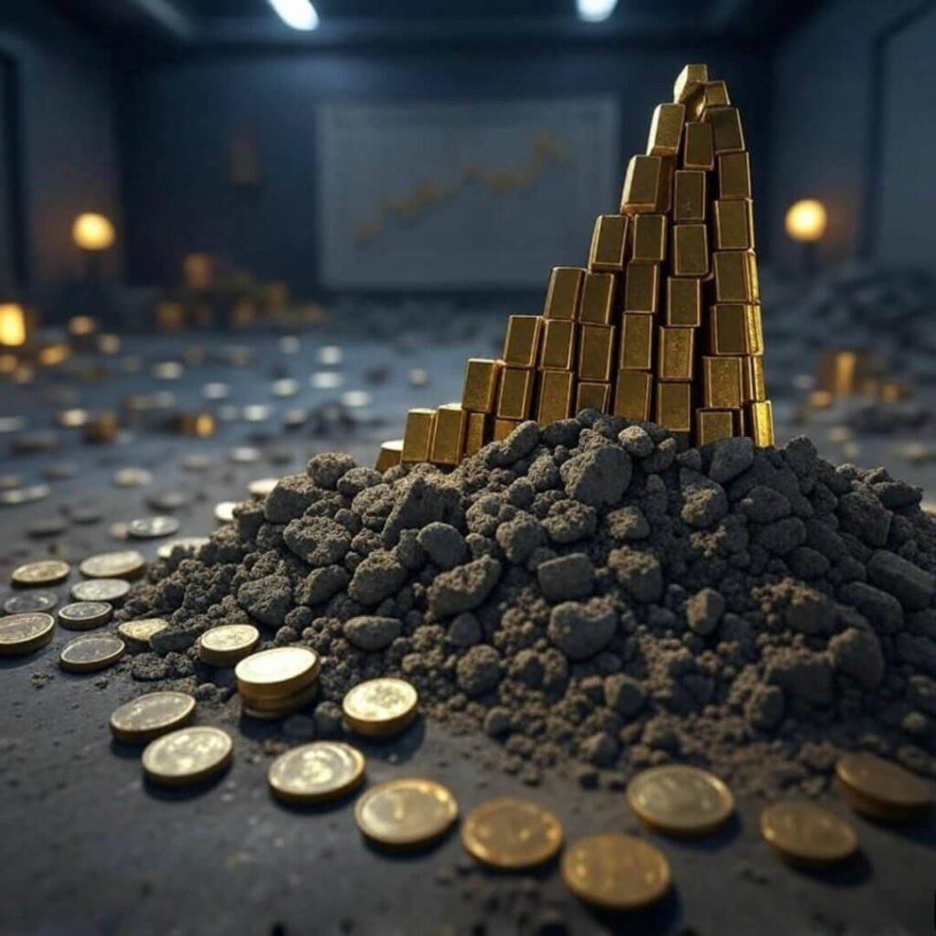Jagged chart with gold bars, scattered coins in rubble.
