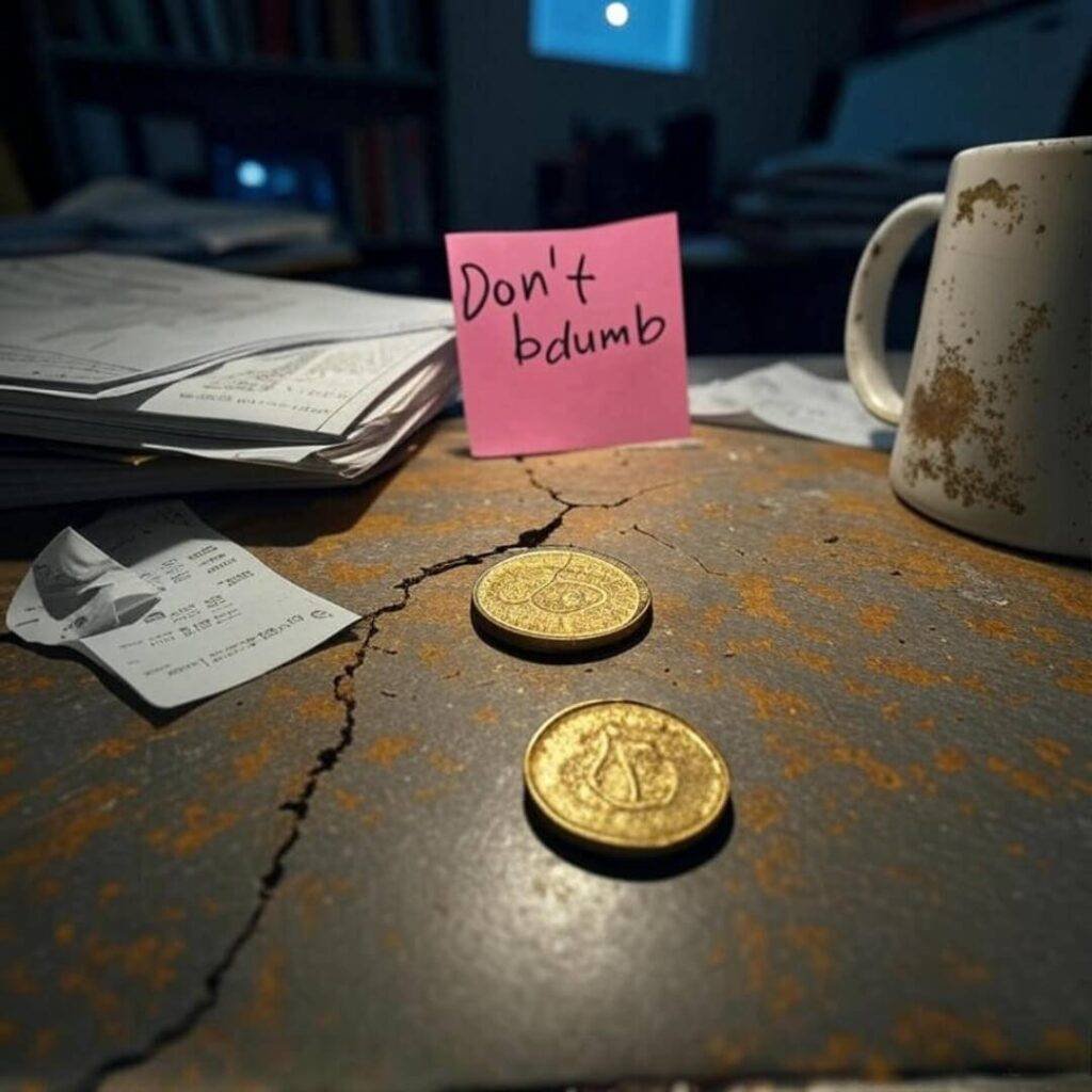 Chipped mug, gold coin, "Don't be dumb" note.