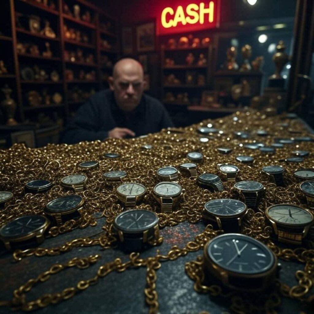 Shaky pawn shop counter, gold chains, watches, neon