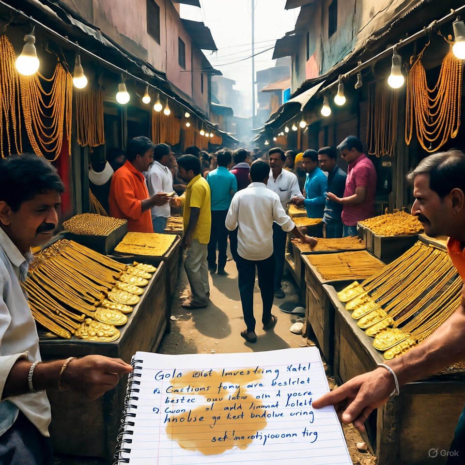 Chaotic Indian gold market, vendors, chai-stained notebook.