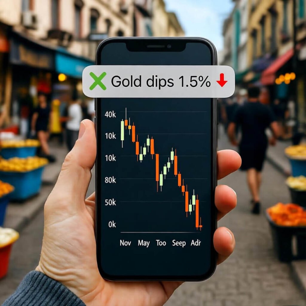 Checking gold dip alert amid market bustle.