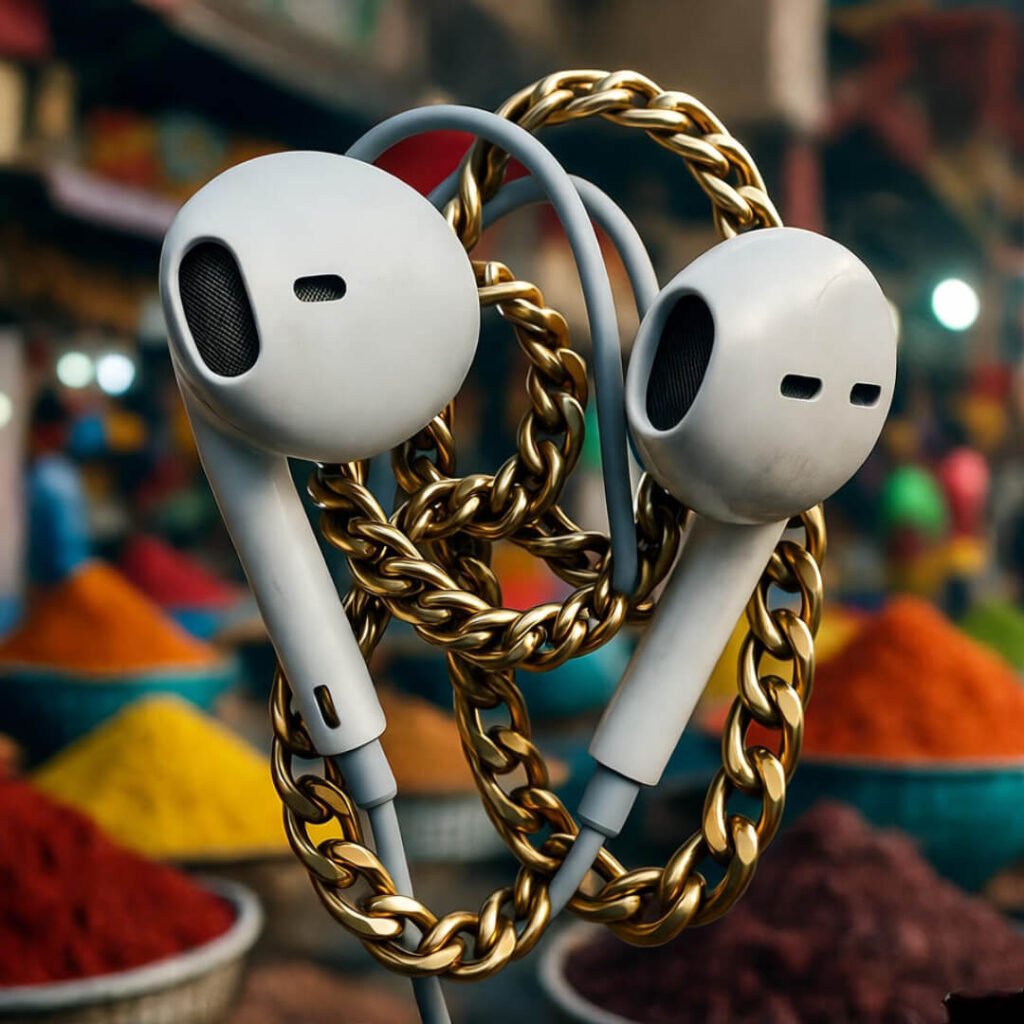Earbuds tangle with gold chain in spice market