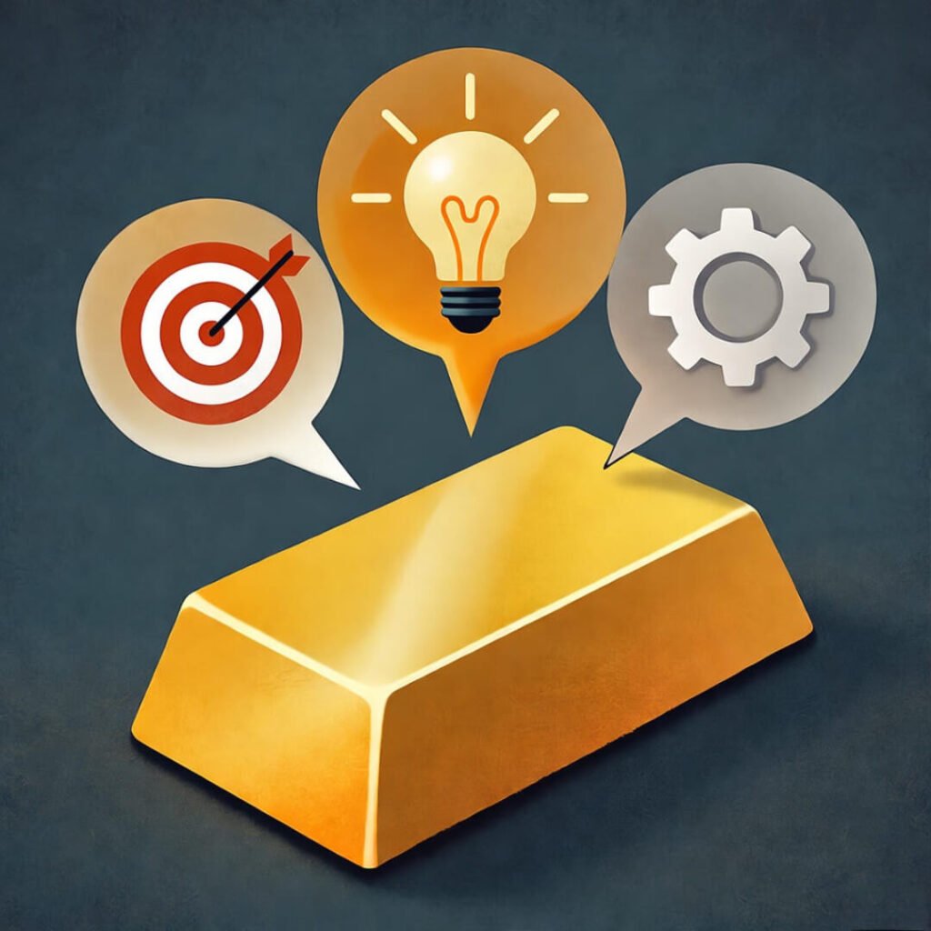 Gold bar transforms into strategy icon speech bubble.