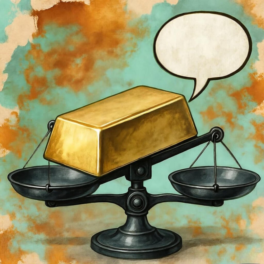 "Gold bar on dusty scale with wry speech."