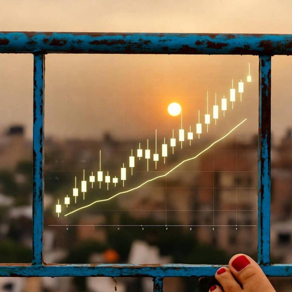 Hazy balcony eBook glow, gold charts, chipped toenails.