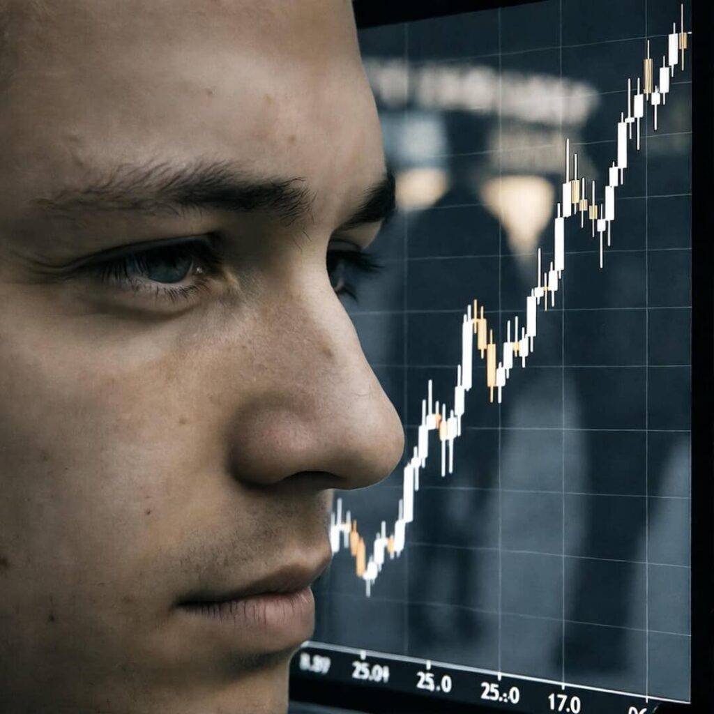 Squinting at gold spike, street vendor shadows loom