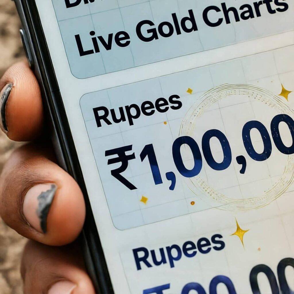 Dreamy gold charts over rupees, expat hand.