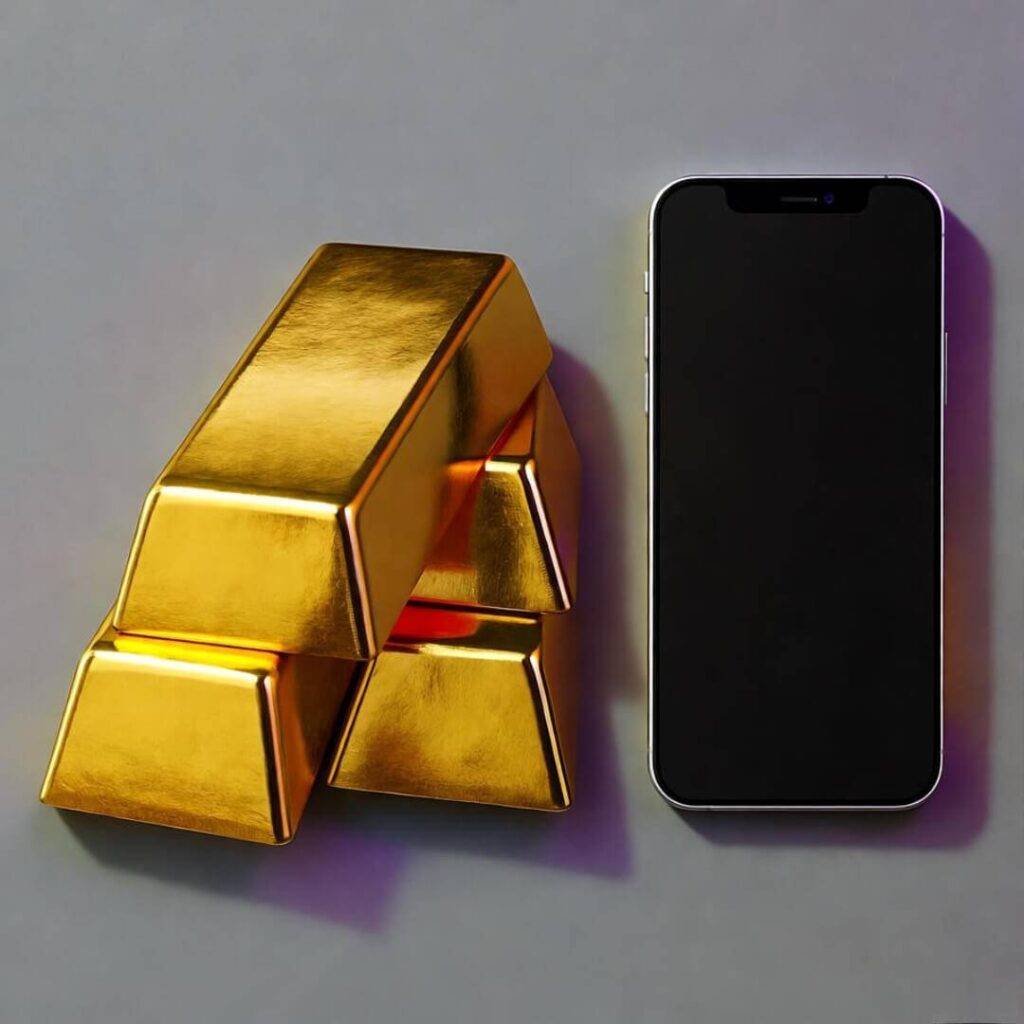 "Tilted gold bars and phone in purple haze."