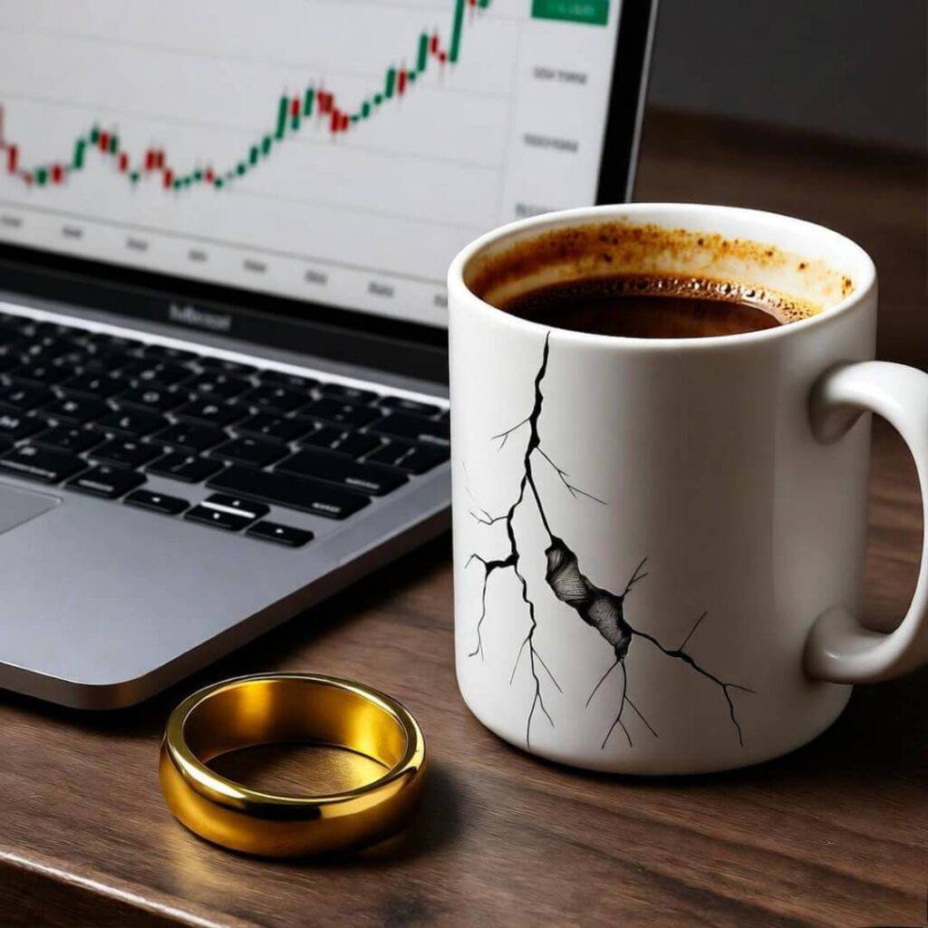 Cluttered desk, laptop chart, chipped chai mug, gold ring.